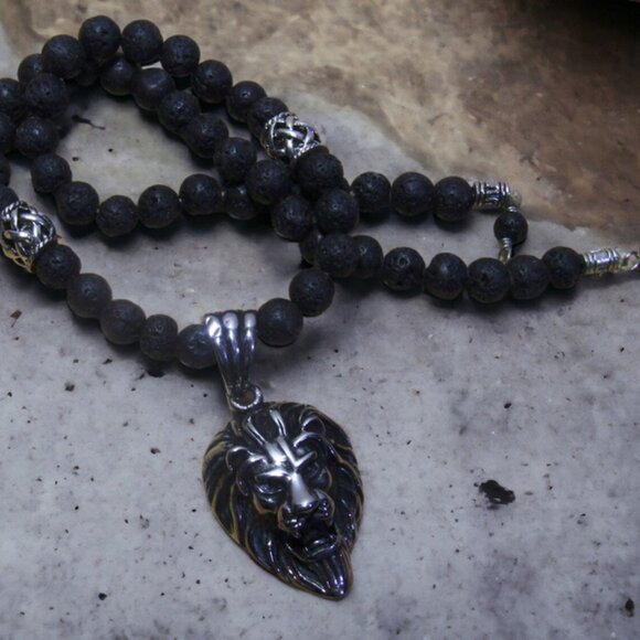 NEW Handmade Large Lion Necklace with Black Lava Stone. One of a Kind! - Picture 6 of 7